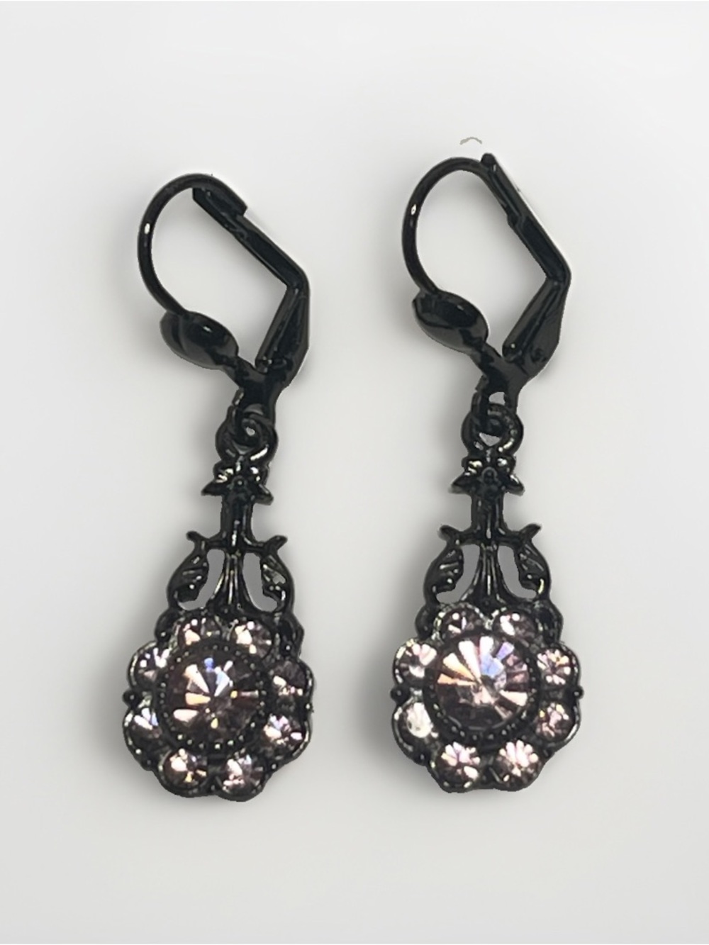 Vintage Pink Flower Rhinestone Cluster Drop Earrings Brushed Gunmetal Hardware